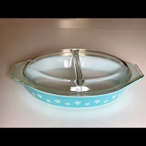 Vintage Pyrex Turquoise with white snowflakes.